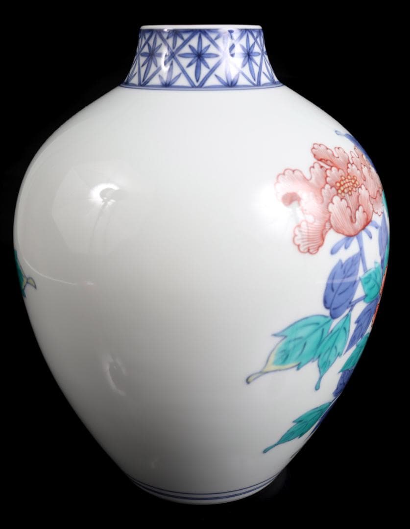 今泉今右衛門 色鍋島牡丹絵花瓶 共箱 花入