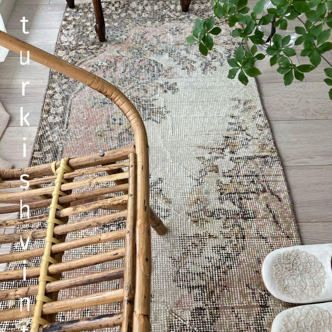 カフェオレ59×216ピンク　ブラウン　超ロングランナー　トルコヴィンテージラグ