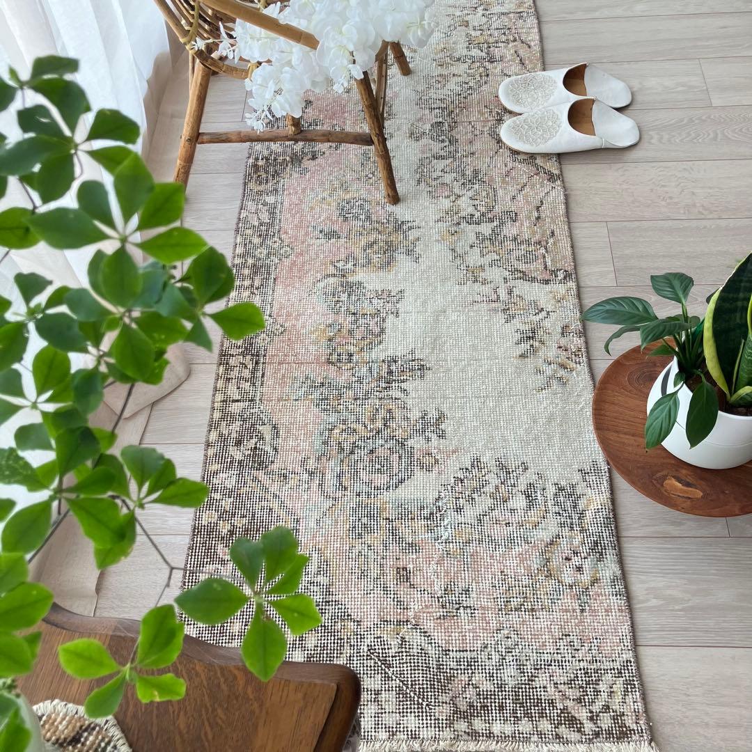 カフェオレ59×216ピンク　ブラウン　超ロングランナー　トルコヴィンテージラグ