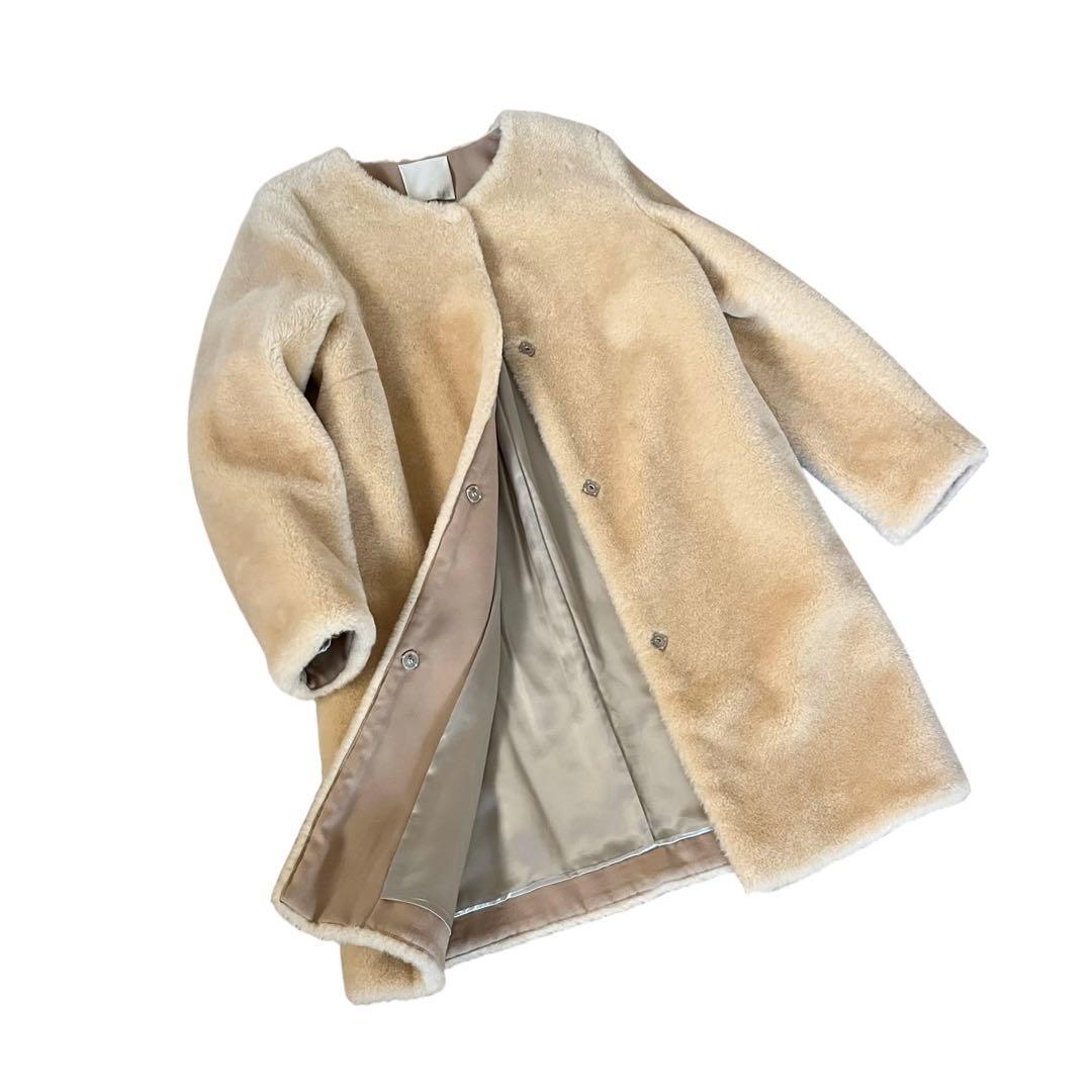 自由区 Wool Mouton ウールムートン ノーカラーコート 44 ファー