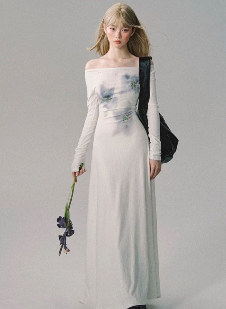 Urban Sheek プリーツ　ベルベット　長袖　ロング　ドレス　ワンピース