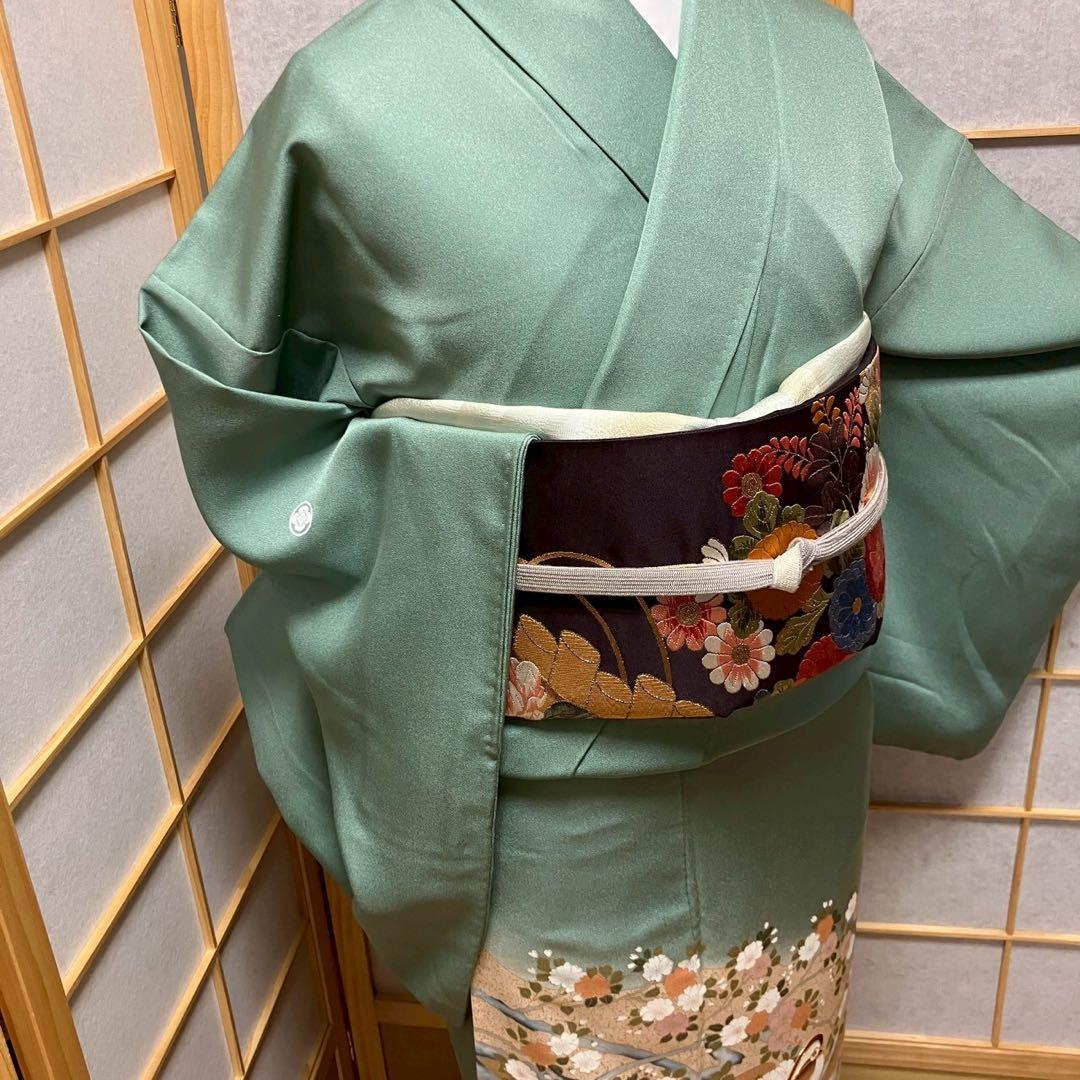 ［6479］色留袖 美品 鴛鴦花 駒刺繍 三つ紋 木瓜 正絹 着物 袷