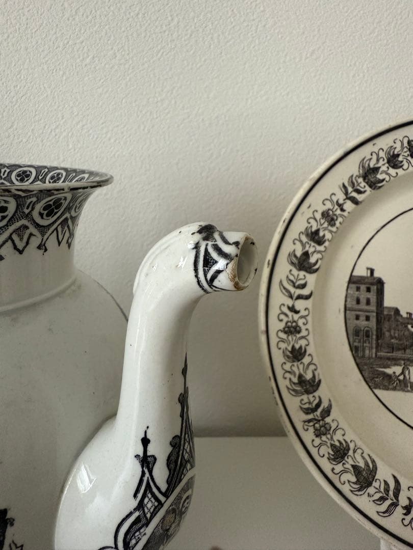 アンティーク　カフェティエール　ファイアンスフィーヌ　クリームウエア　グリザイユ