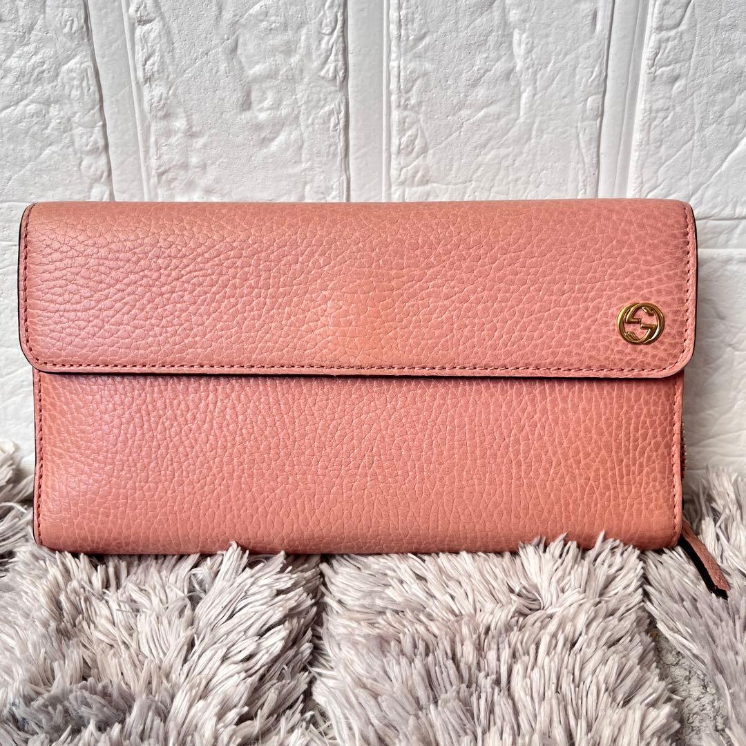 美品✨GUCCI 大容量　インターロッキング　長財布　シボレザー　ピンク