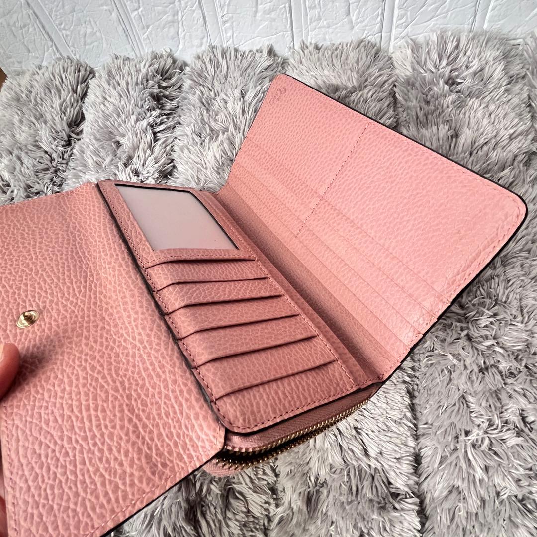 美品✨GUCCI 大容量　インターロッキング　長財布　シボレザー　ピンク
