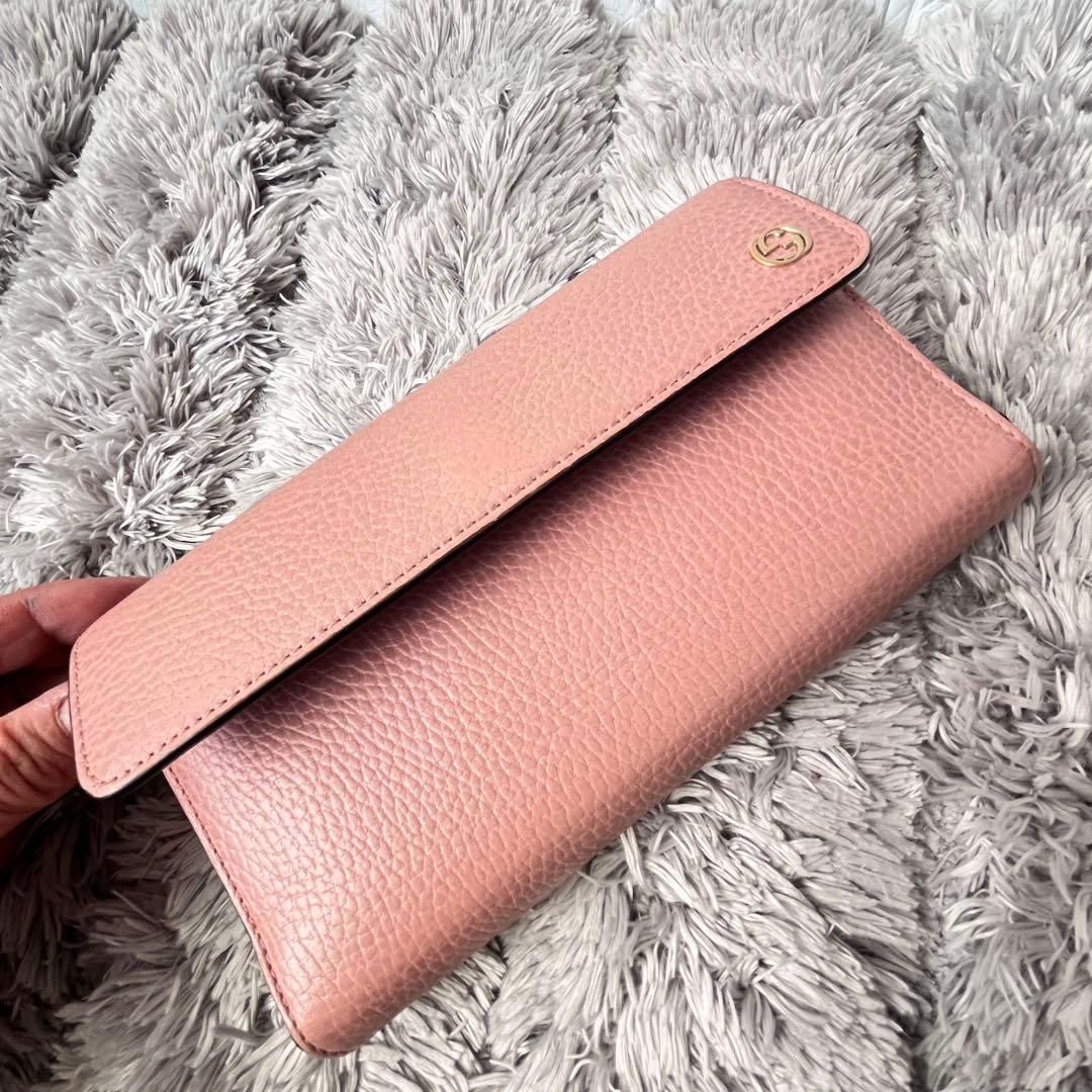 美品✨GUCCI 大容量　インターロッキング　長財布　シボレザー　ピンク