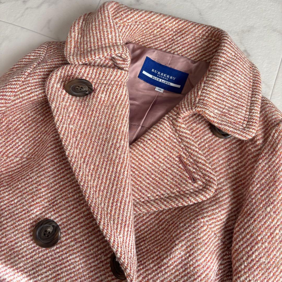 バーバリーブルーレーベル アンゴラ混 ツイード ピーコート ダブルブレスト