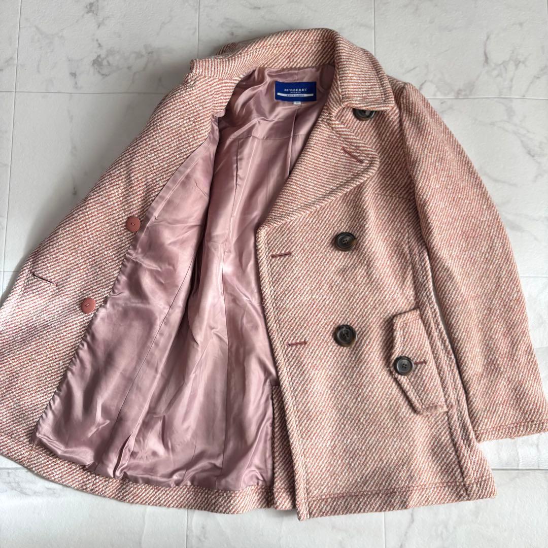 バーバリーブルーレーベル アンゴラ混 ツイード ピーコート ダブルブレスト