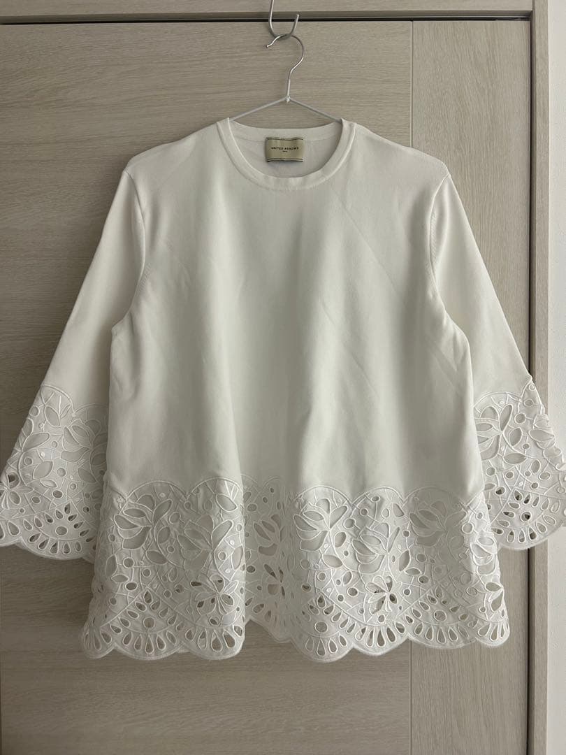 美品 ユナイテッドアローズ スカラップレース コンビネーション ニット ホワイト