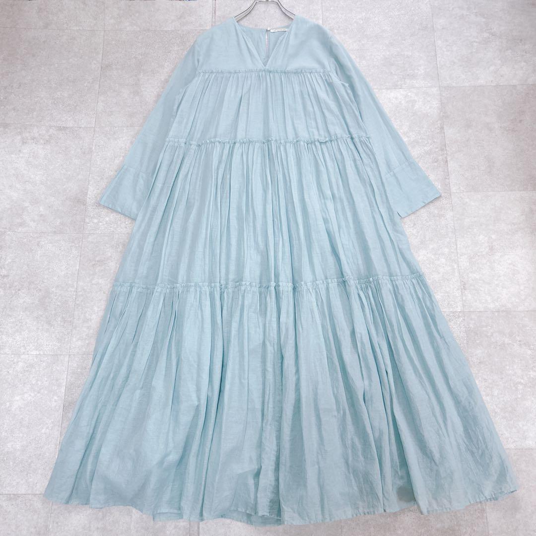 美品✨ ヌキテパ コットンボイル ティアード ワンピース マキシ丈 水色 M