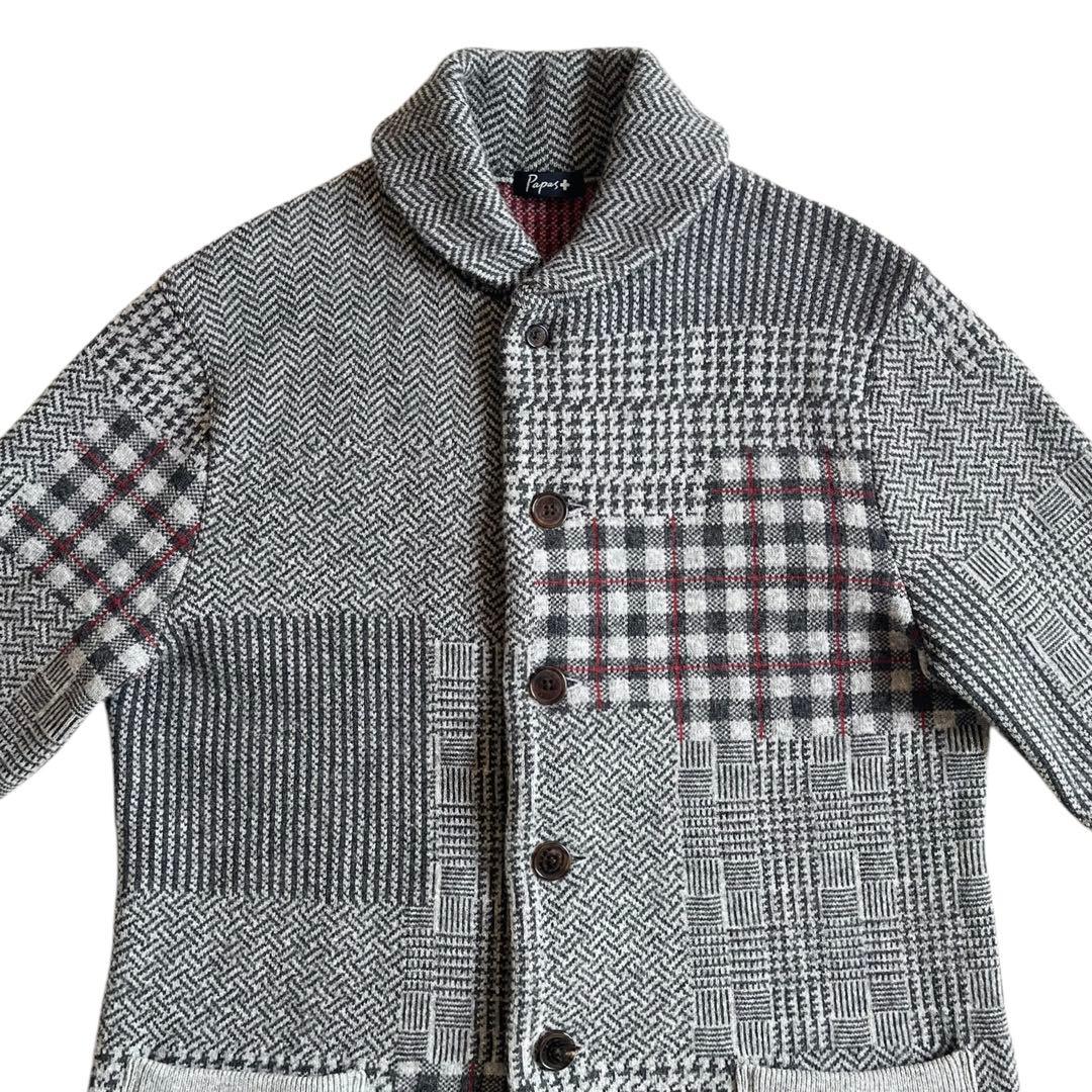 Papas+ パッチワーク風 ウール ニット ジャケット パパスプラス