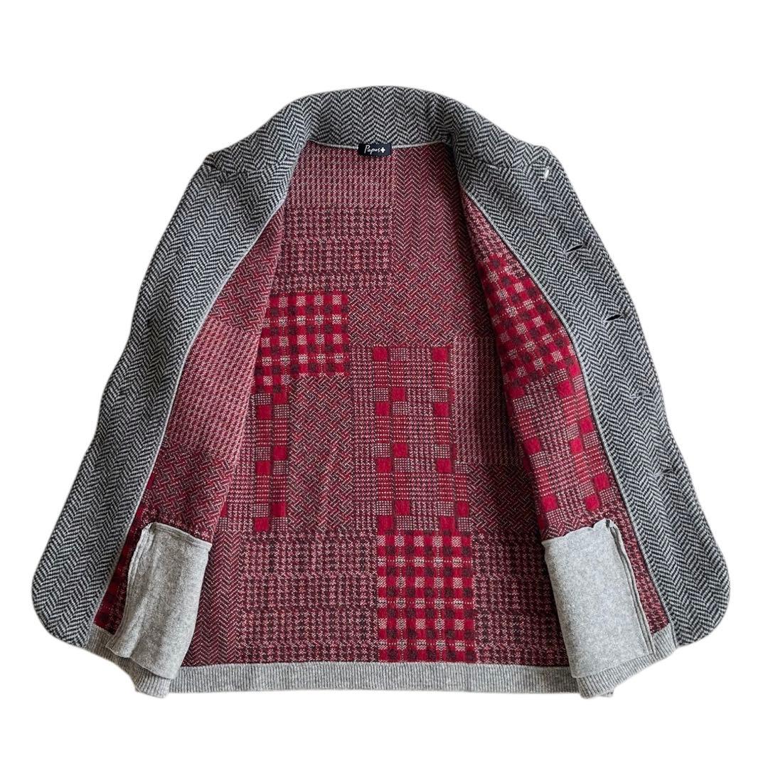 Papas+ パッチワーク風 ウール ニット ジャケット パパスプラス