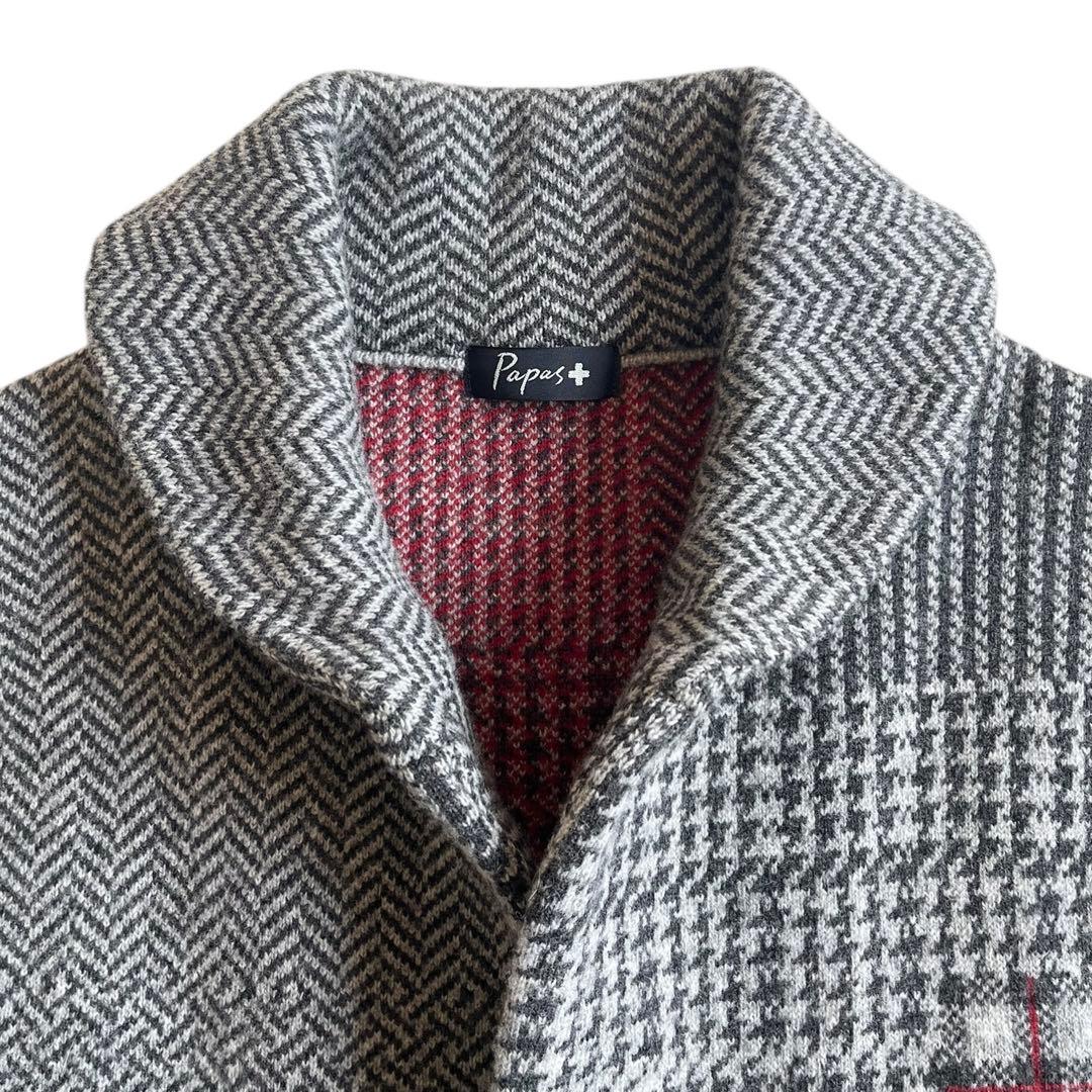 Papas+ パッチワーク風 ウール ニット ジャケット パパスプラス