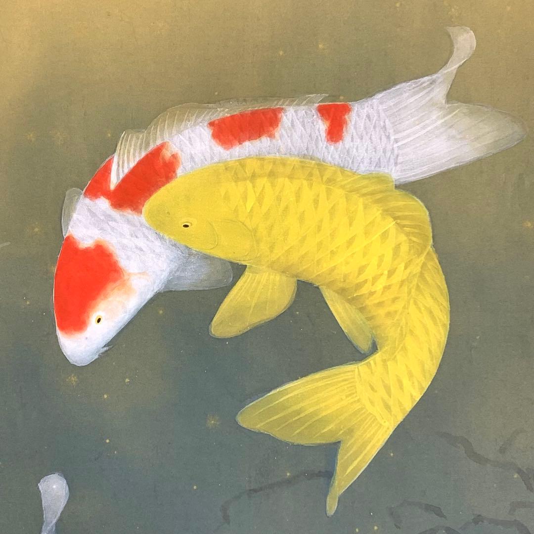 掛軸 小堀墨秀 遊鯉 共箱 二重箱仕立て 魚 縁起 松鯉 勝利 出世 A-20