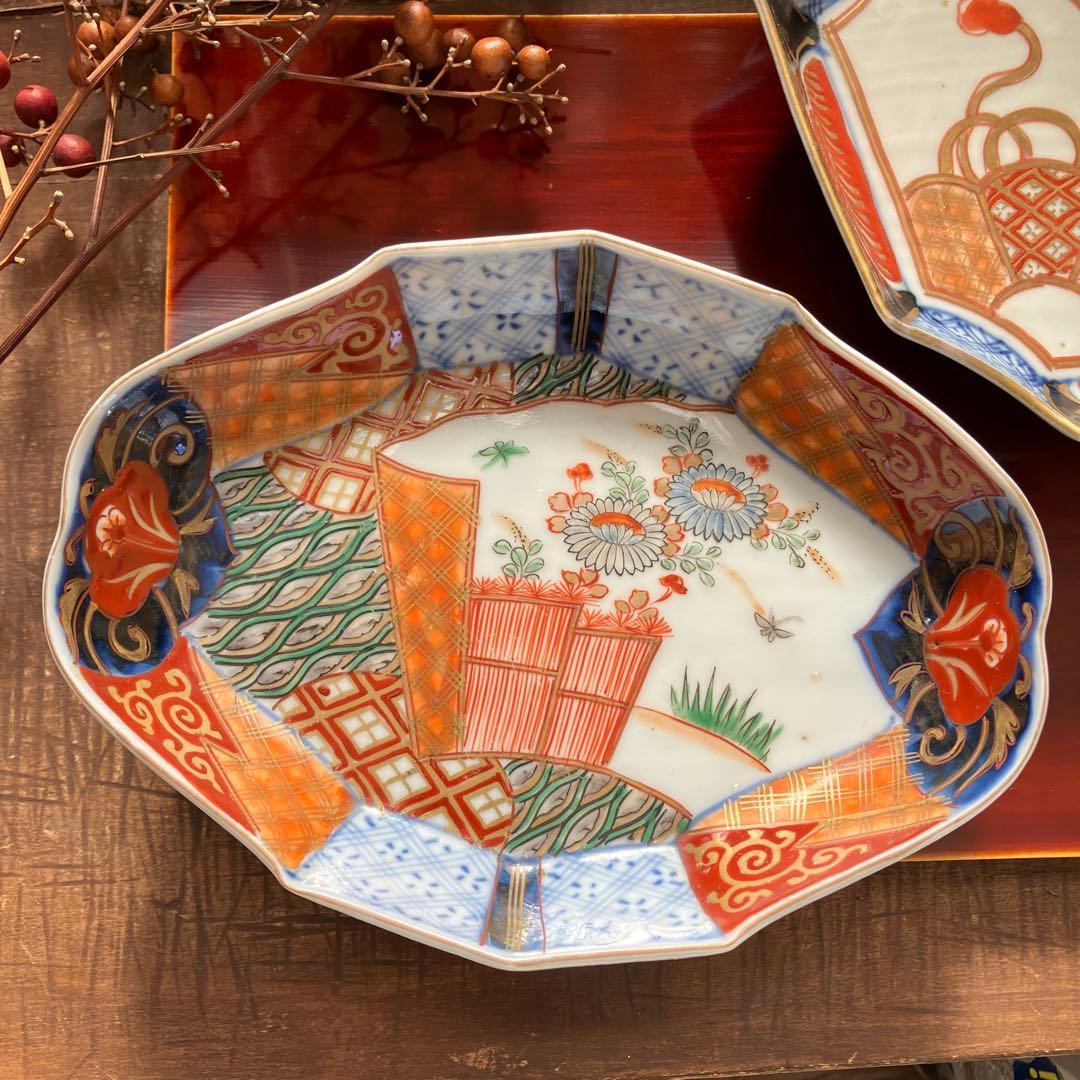 専用。アンティーク　和骨董　変形皿　菱形　蚤の市　金彩　八角形　２種　2枚セット