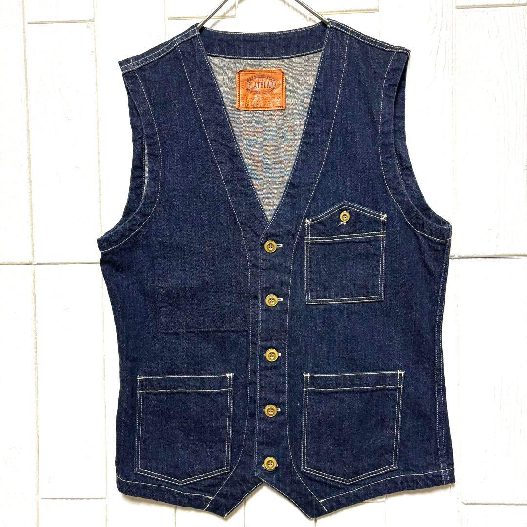 美品 THE FLATHEAD フラットヘッド 濃紺 デニム　ワークベスト XL