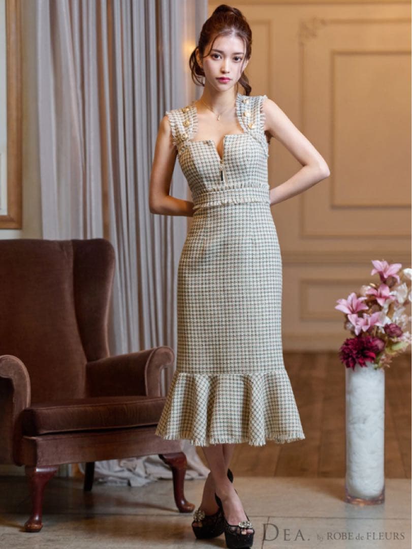 dea. ゴールドボタンｘスプリングツイードロングキャバドレス(DE3307)