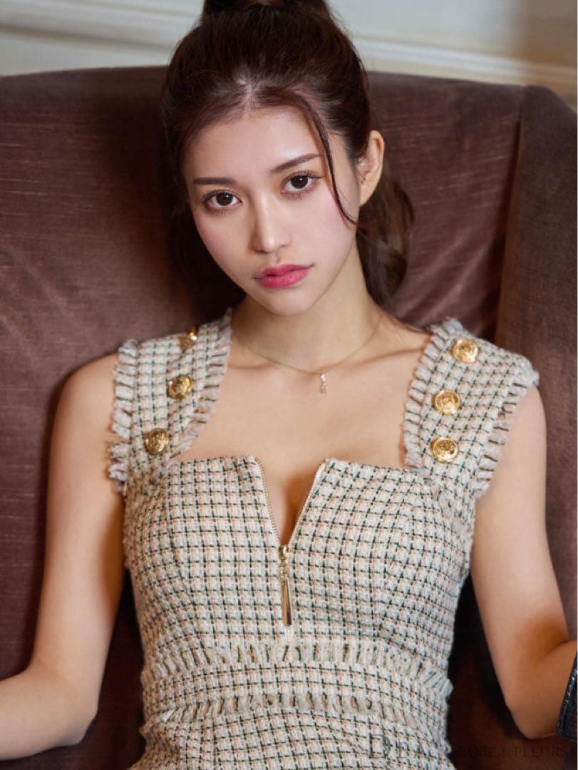 dea. ゴールドボタンｘスプリングツイードロングキャバドレス(DE3307)