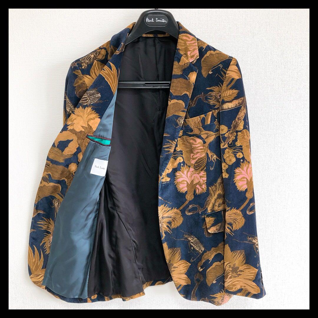 【美品】ポールスミス テーラードジャケット Mサイズ ベロア 総柄 ネイビー系