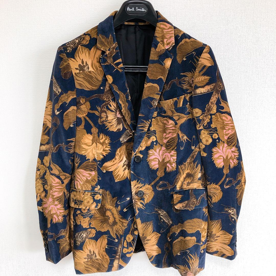 【美品】ポールスミス テーラードジャケット Mサイズ ベロア 総柄 ネイビー系