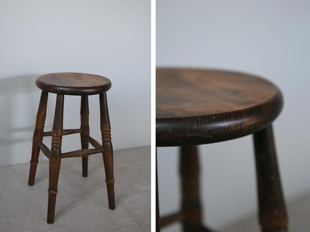 英国アンティーク木製スツール/丸椅子イス/踏み台/腰掛け/飾り棚(91-51)