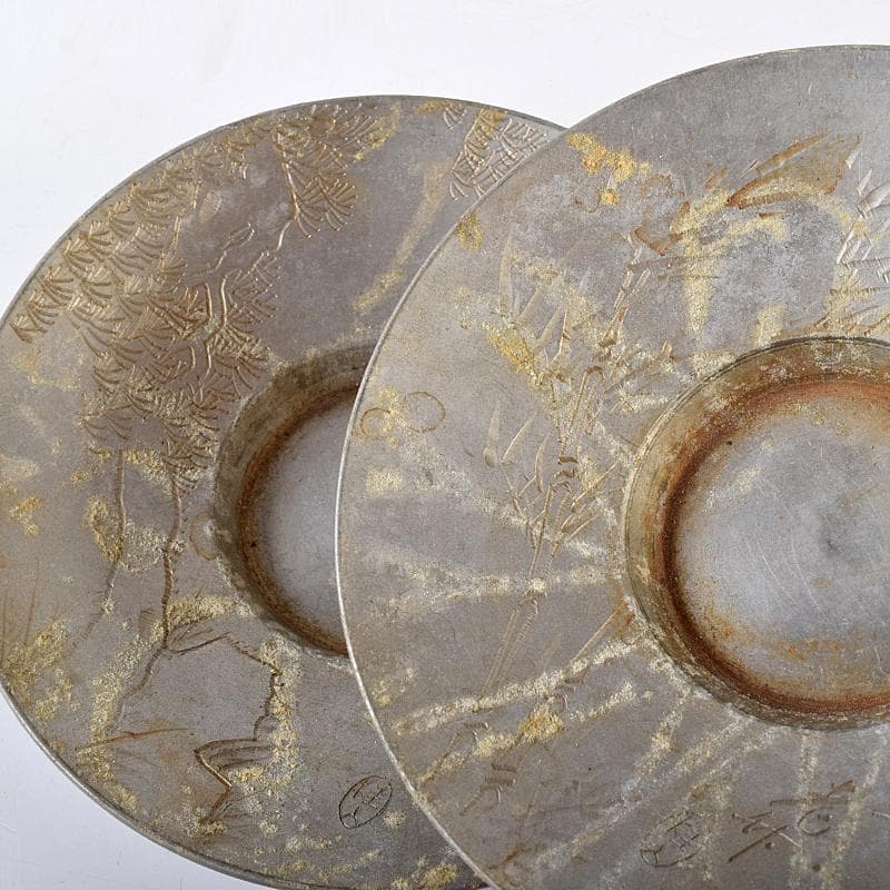 錫　 極上京錫六請合　坂口款　皿十客　義春銘　茶托五客　湯呑八客　YR7921B