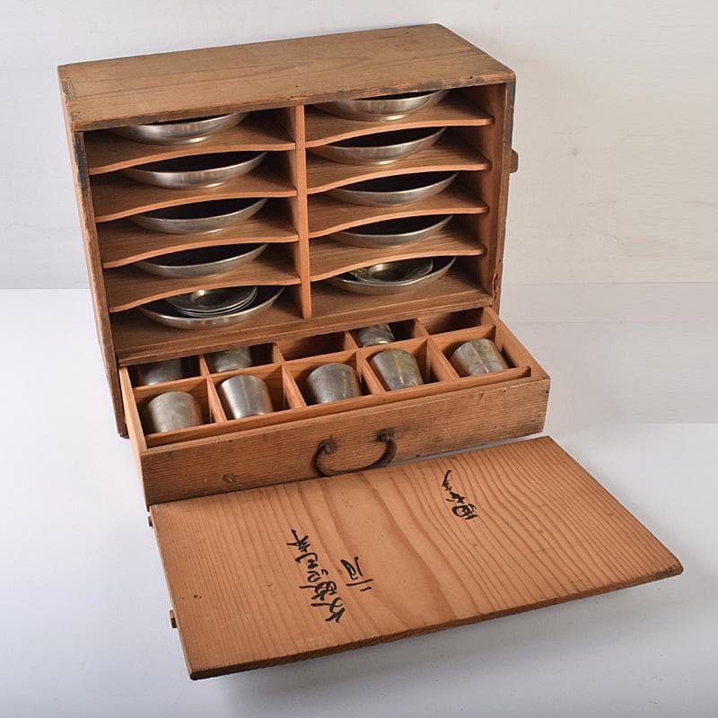 錫　 極上京錫六請合　坂口款　皿十客　義春銘　茶托五客　湯呑八客　YR7921B