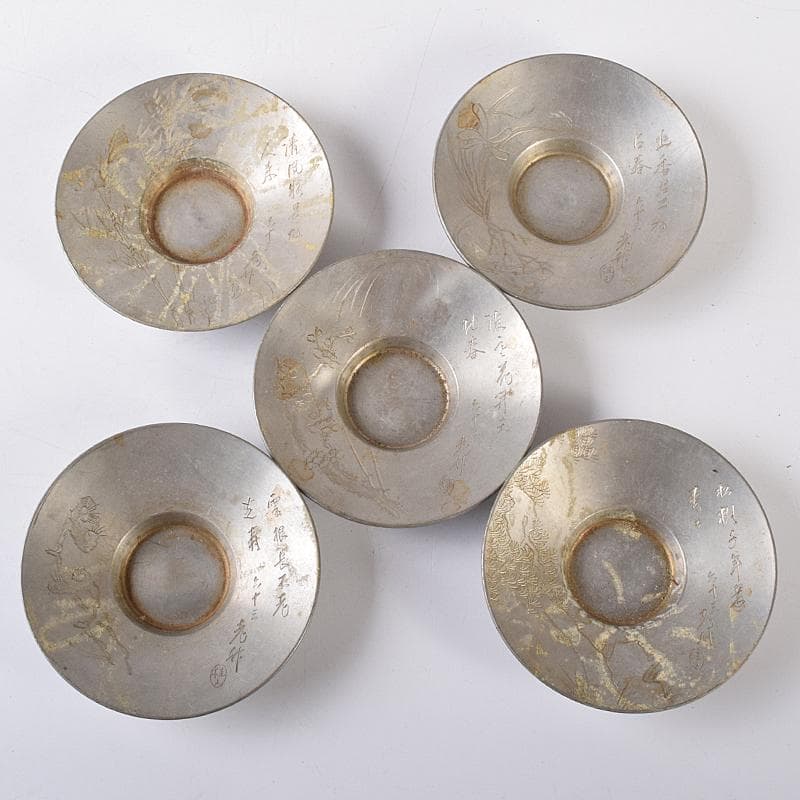 錫　 極上京錫六請合　坂口款　皿十客　義春銘　茶托五客　湯呑八客　YR7921B