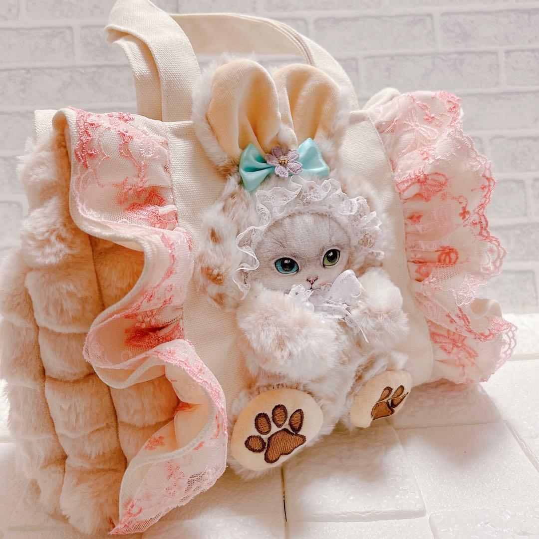 コヤンイサムチョン ハンドメイド フリルトートバッグ オッドアイちゃん レース
