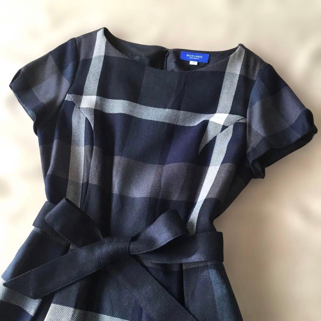 ブルーレーベル　半袖ワンピース　ネイビー系チェック　38 M