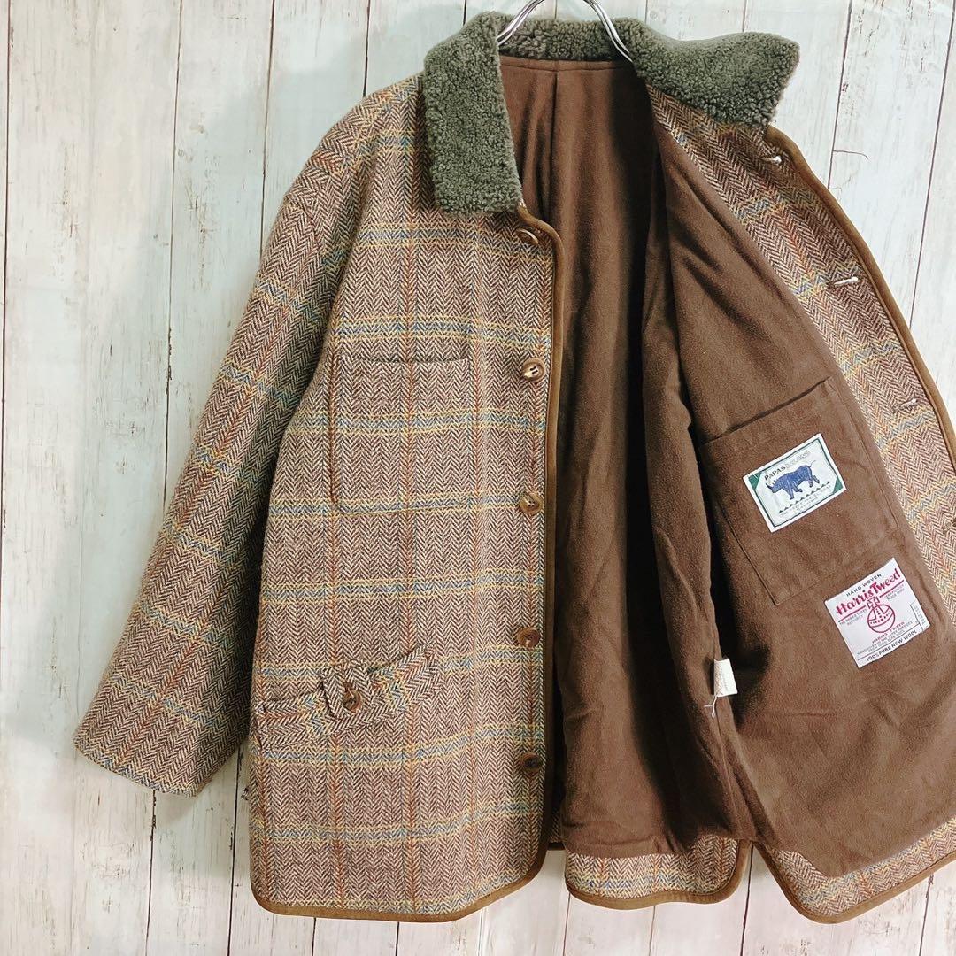 ハリスツイード パパス ツイードカバーオール ムートンボア襟 ヘリンボーンコート