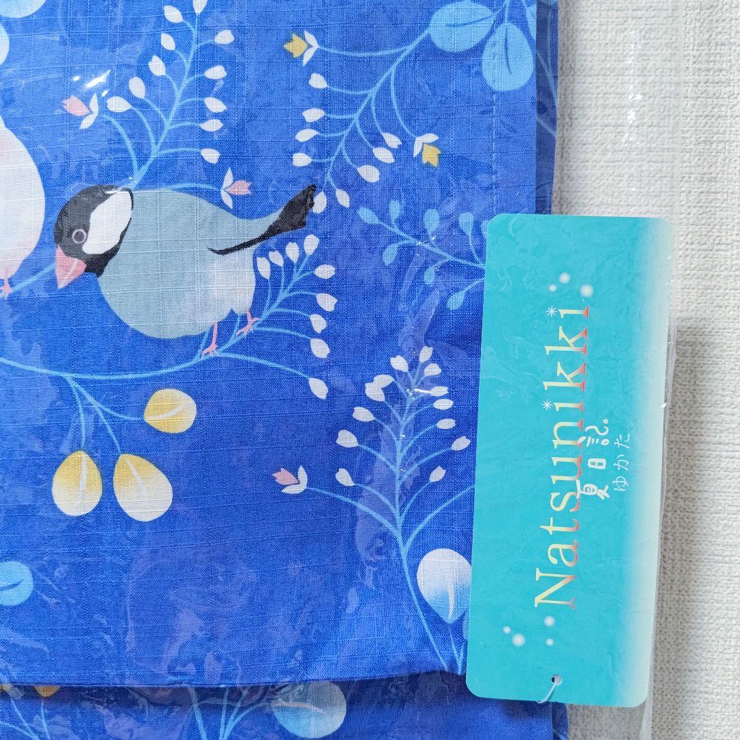 レア小鳥柄浴衣ブルー草花柄コトリカフェ監修ゆかた着物青色黒黄白水色文鳥柄ことり柄