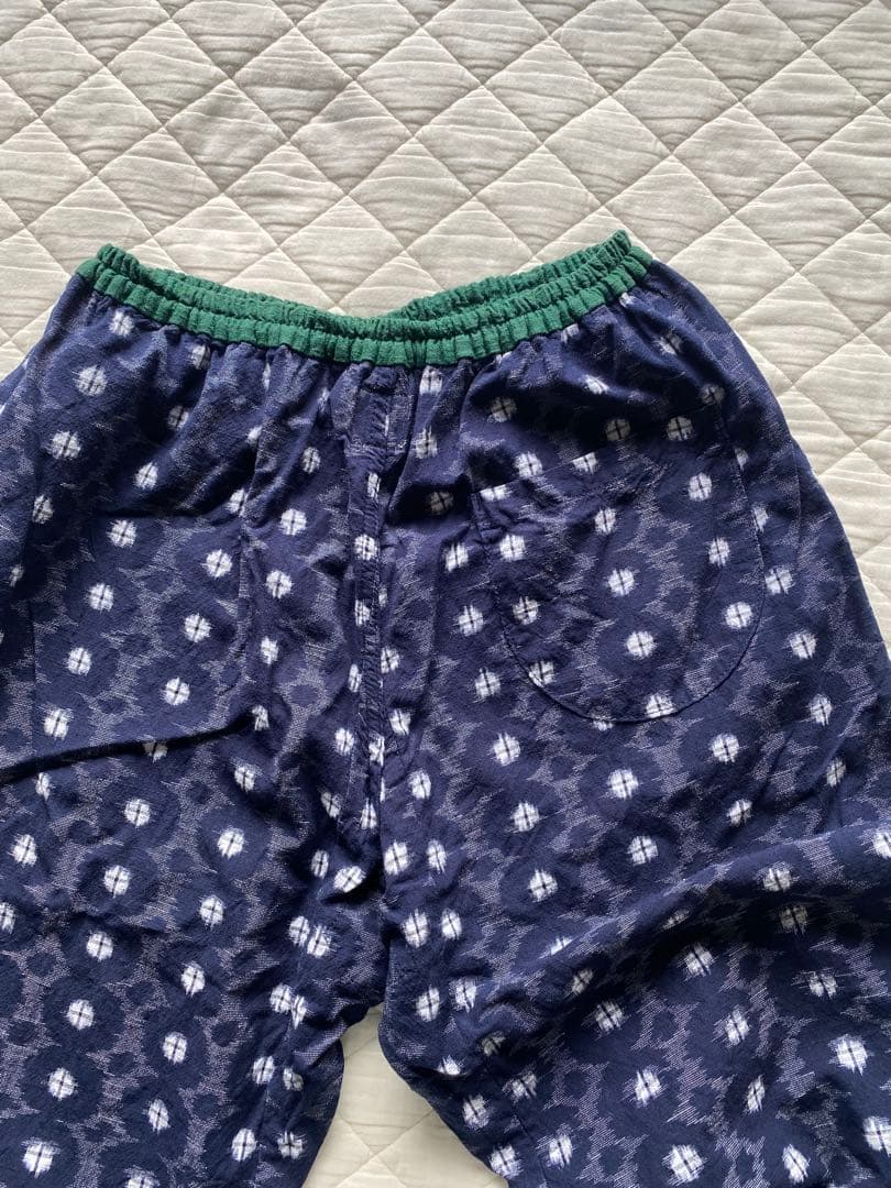 久留米絣　かすりパンツ　ギエモン　レディースLサイズ　ネイビー×グリーン　美品