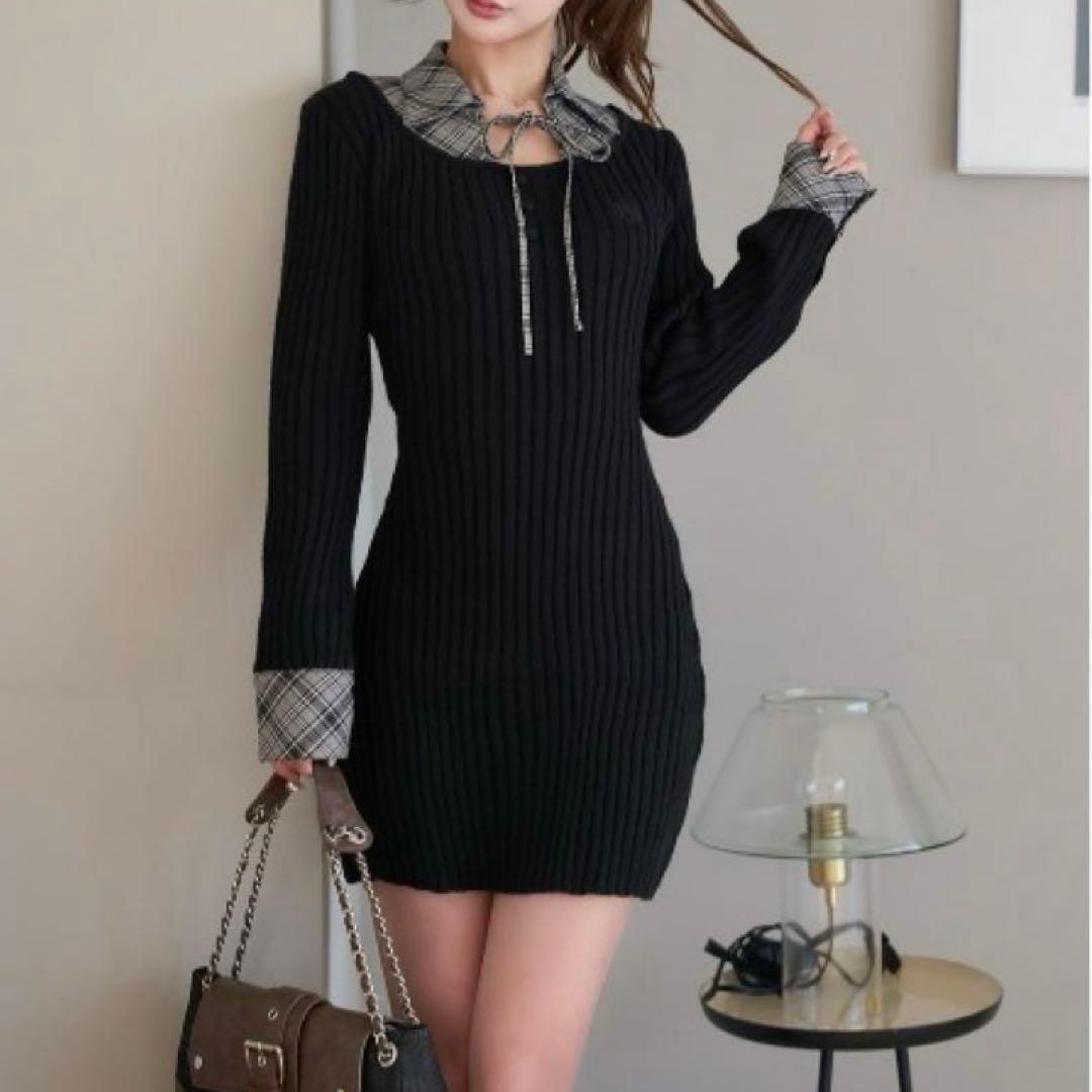 Darich ダーリッチ　レイヤードライクニットミニワンピース　襟　胸元リボン