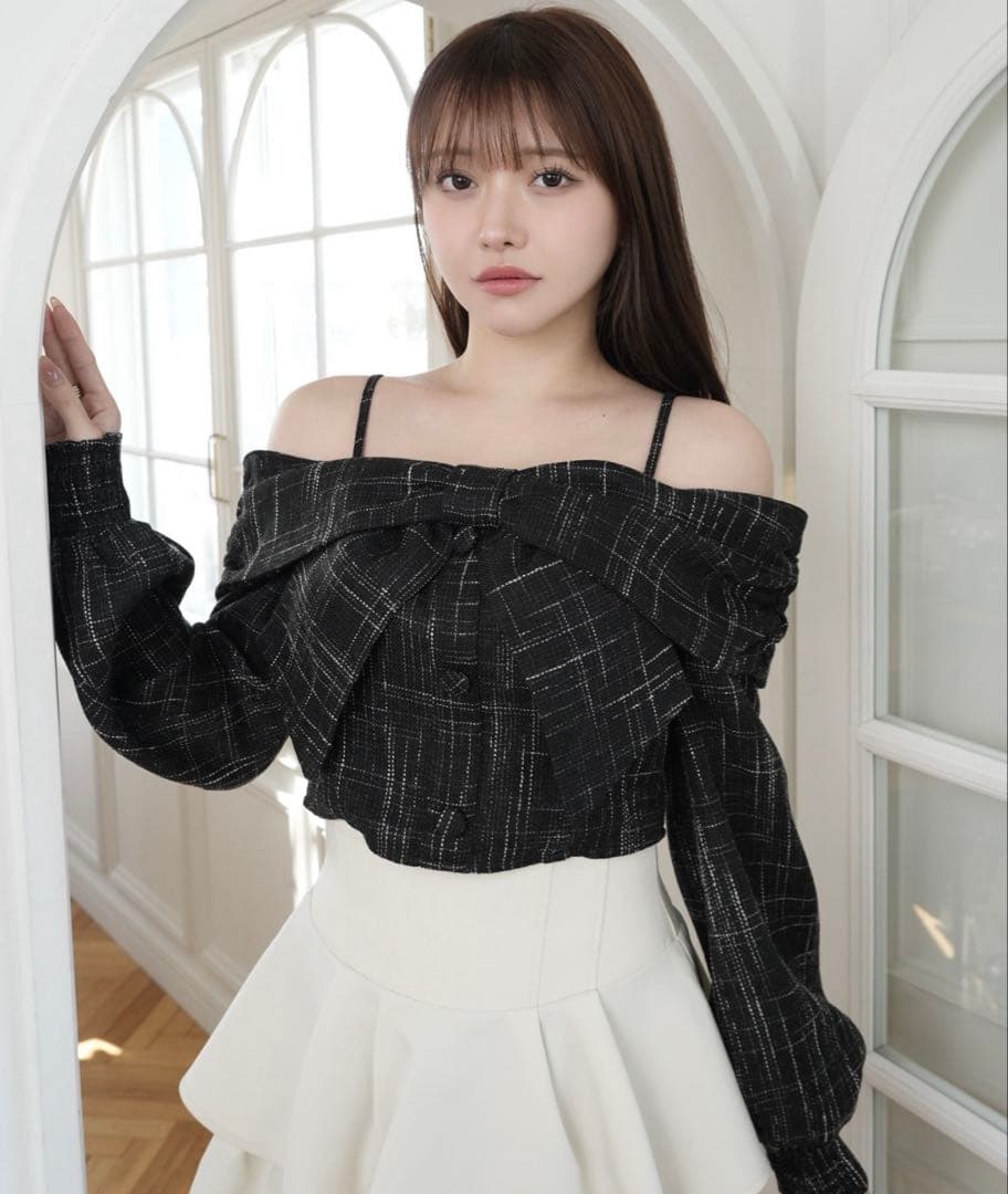 リボンオフショルロングスリーブトップス ブラック