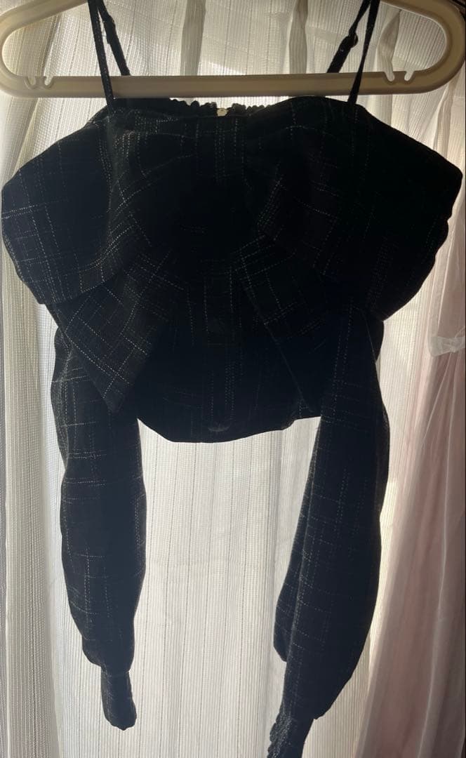 リボンオフショルロングスリーブトップス ブラック