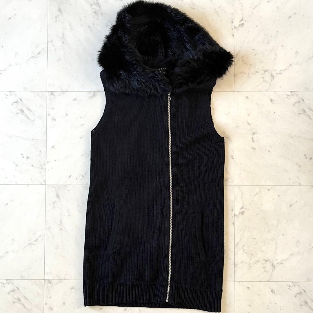 美品♪セオリー ウールリブニットベスト S ブラック黒 ラビットファーフード