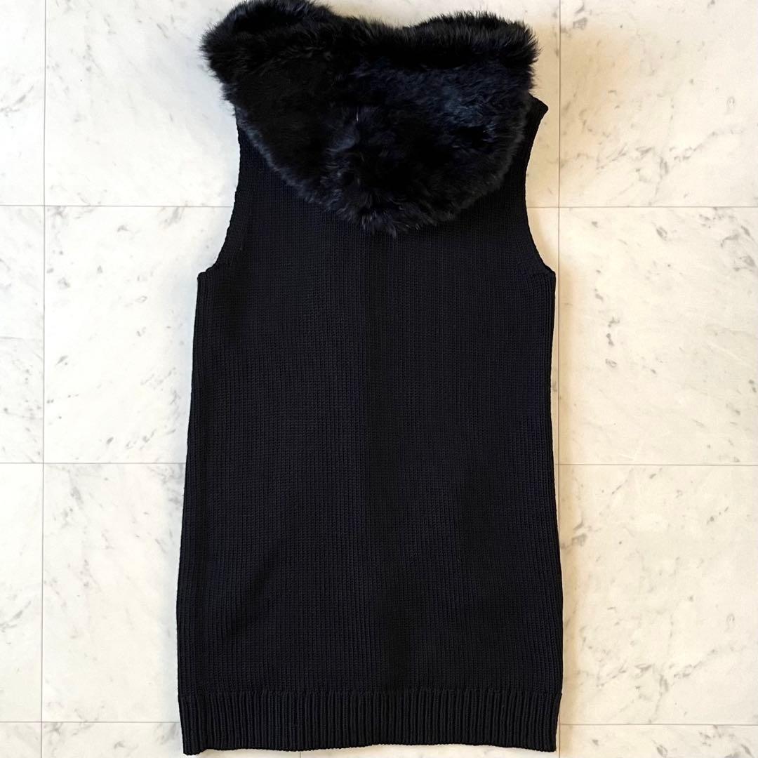 美品♪セオリー ウールリブニットベスト S ブラック黒 ラビットファーフード