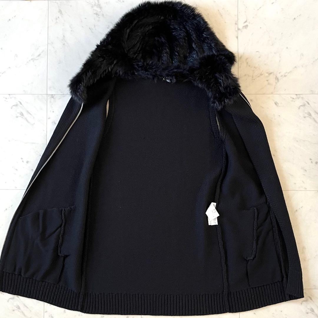 美品♪セオリー ウールリブニットベスト S ブラック黒 ラビットファーフード