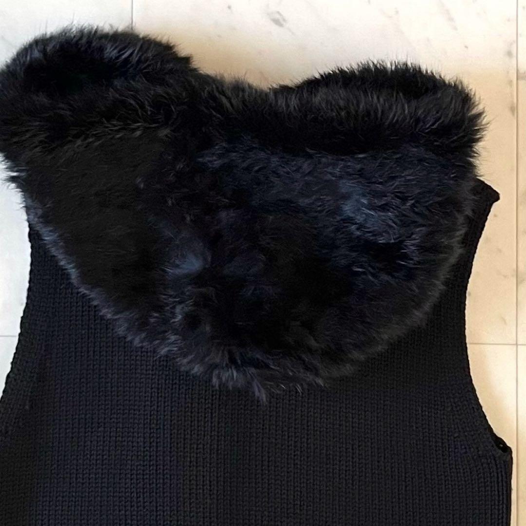 美品♪セオリー ウールリブニットベスト S ブラック黒 ラビットファーフード