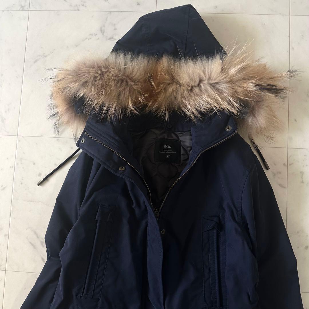 美品♪イネド 中綿ライナー付きモッズコート ファーフード ネイビー 大きいサイズ