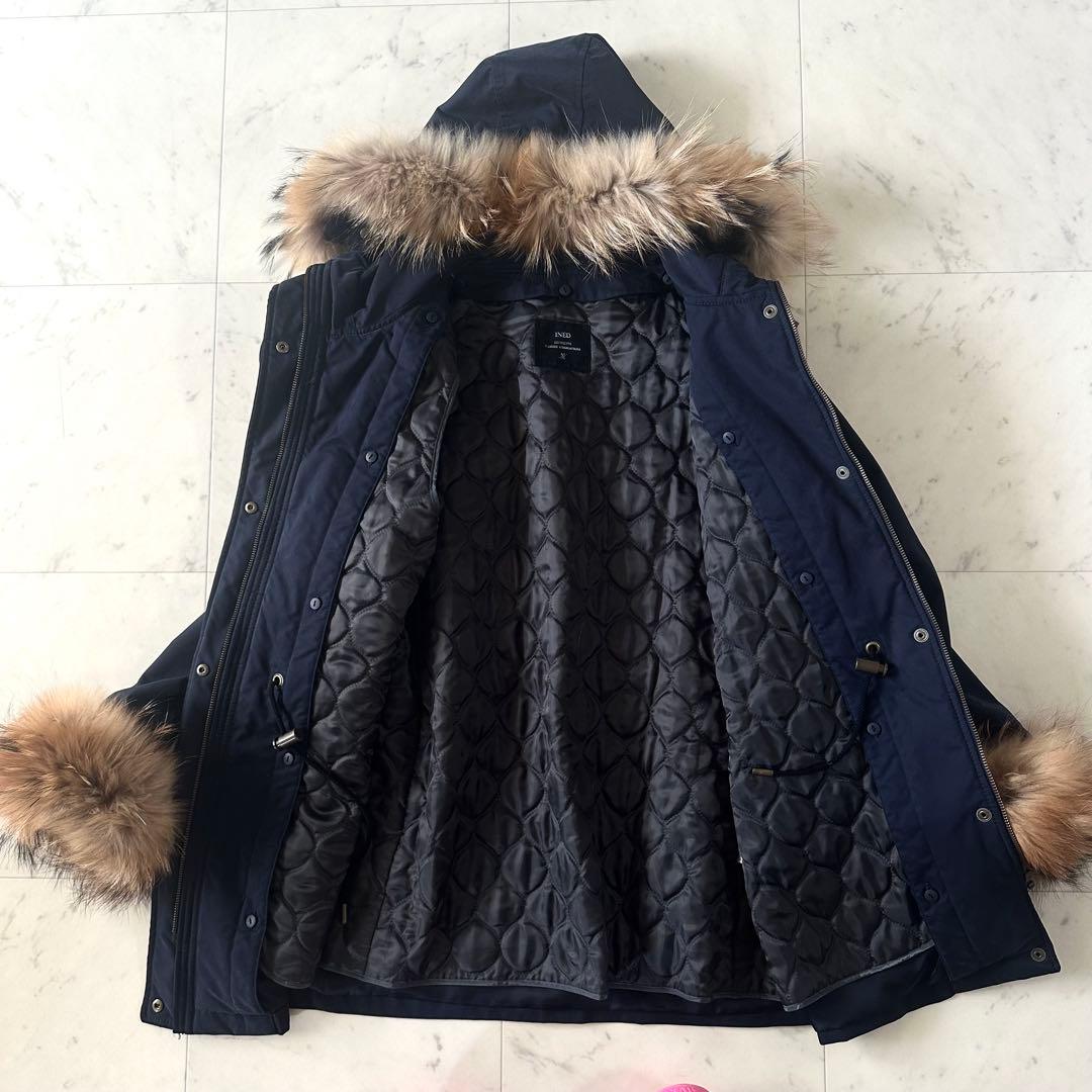 美品♪イネド 中綿ライナー付きモッズコート ファーフード ネイビー 大きいサイズ