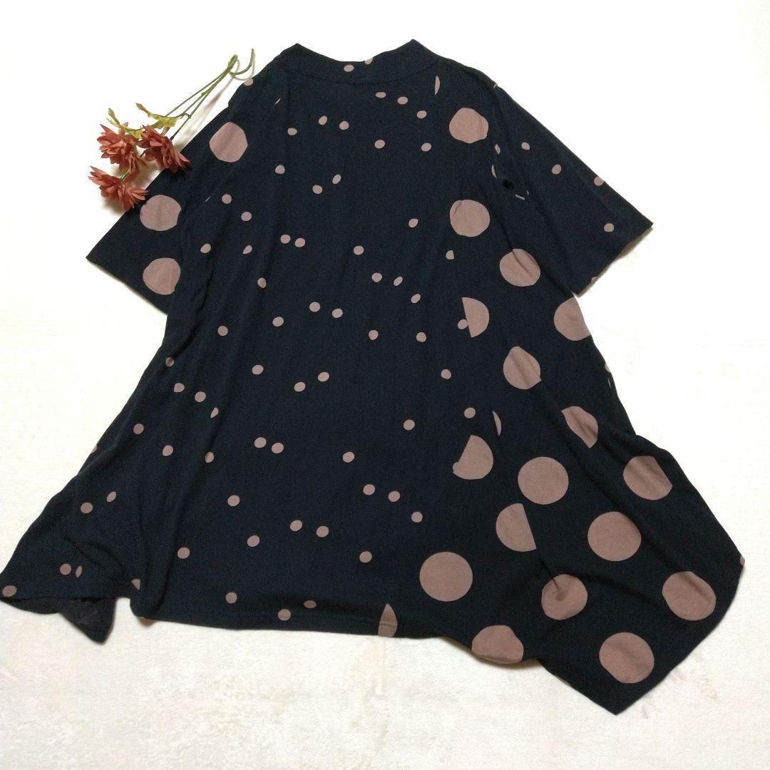 美品　慈雨　五分袖チュニック ドット柄　L　センソユニコ　黒　ベージュ