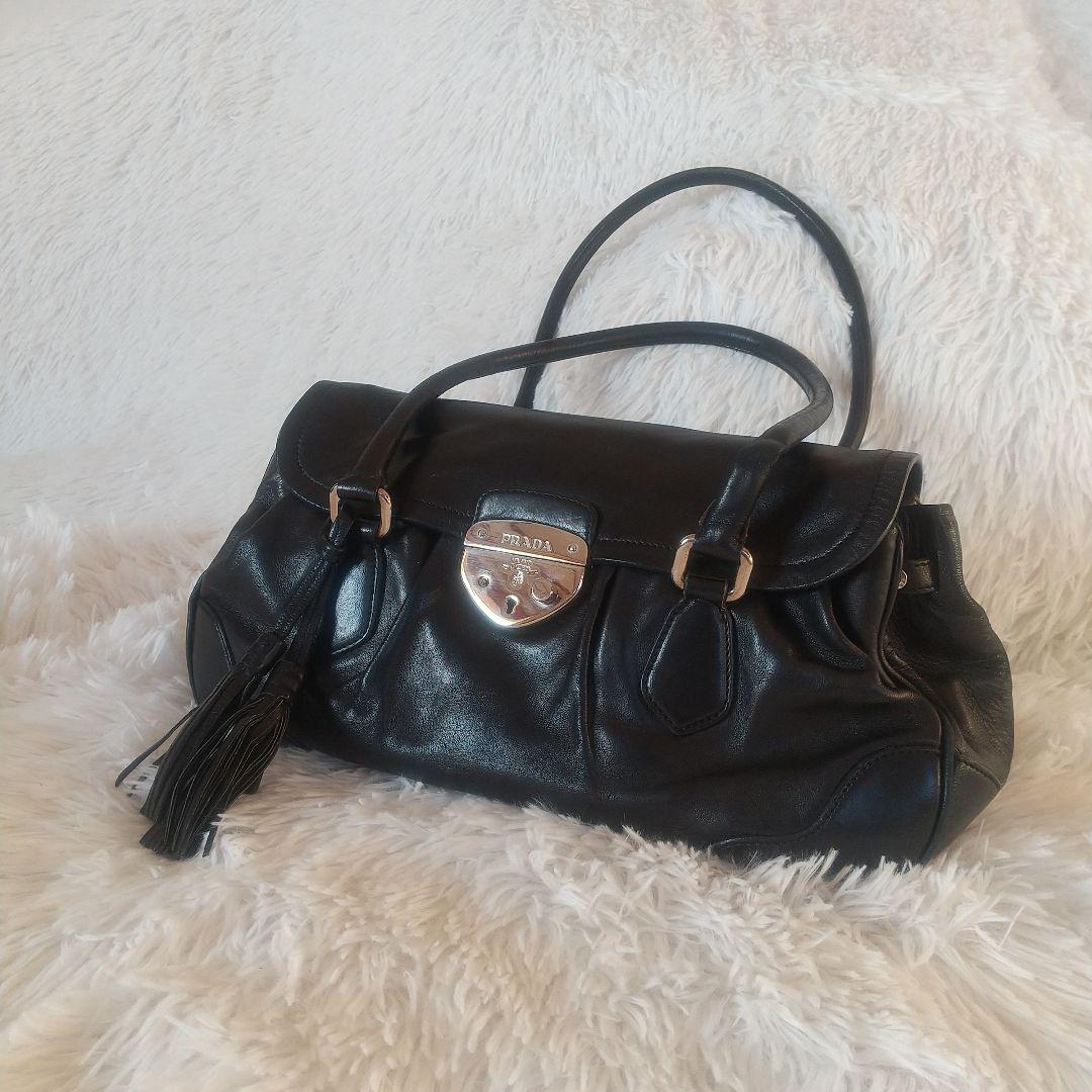 プラダ PRADA ハンドバッグ フリンジ ブラック レザー黒Y2Kヴィンテージ
