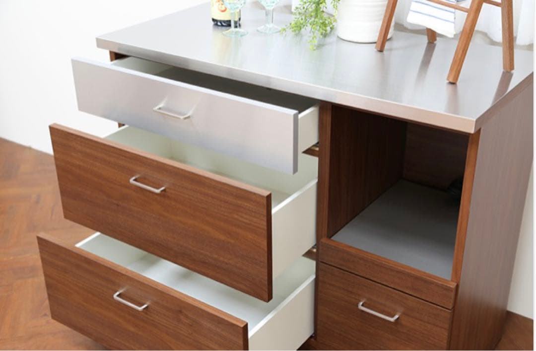 LUCIDOキッチンカウンター　ステンレス天板 3段引き出し