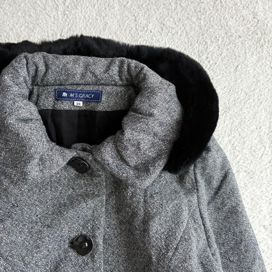 M'S GRACY 美品 レッキスファー フード付きフリルコート 38 黒