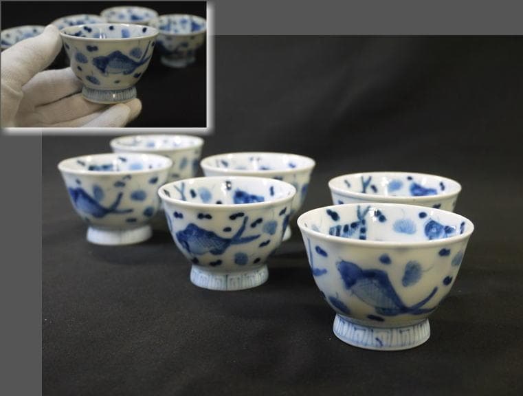 煎茶茶碗６客　魚文　水玉に藻　見込鶴亀　状態良好美品