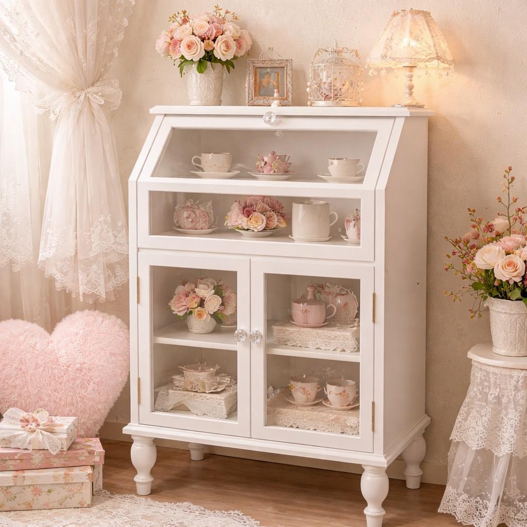 【新品】クラシカル　ガラスキャビネット　アンティークホワイト　収納 チェスト