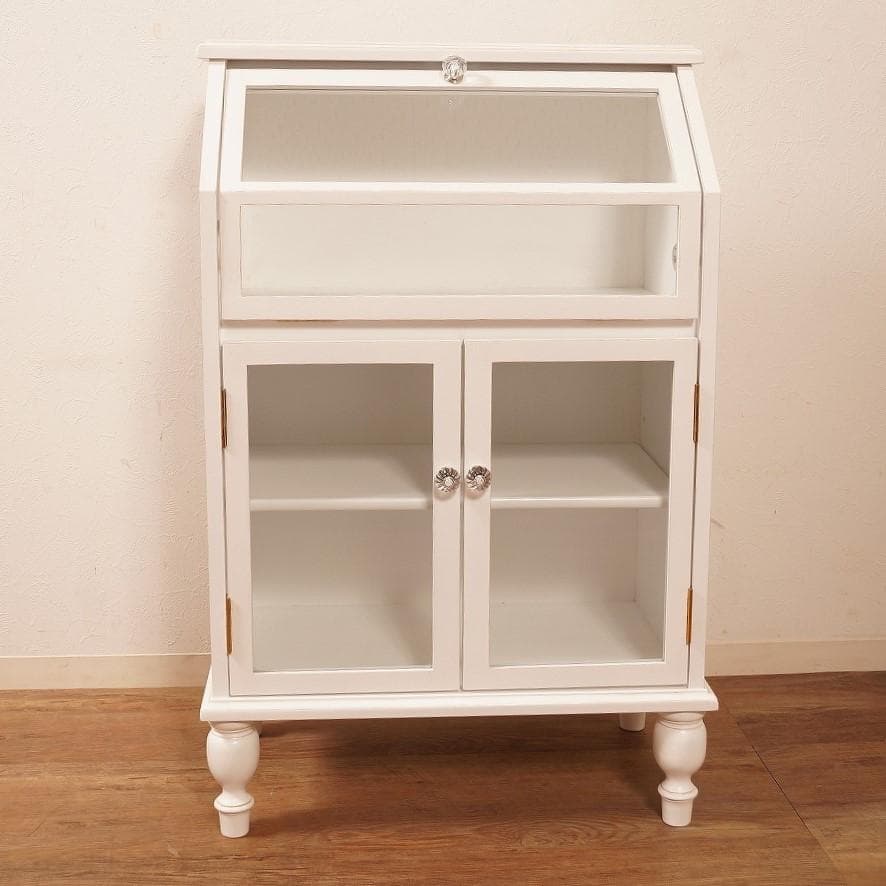【新品】クラシカル　ガラスキャビネット　アンティークホワイト　収納 チェスト