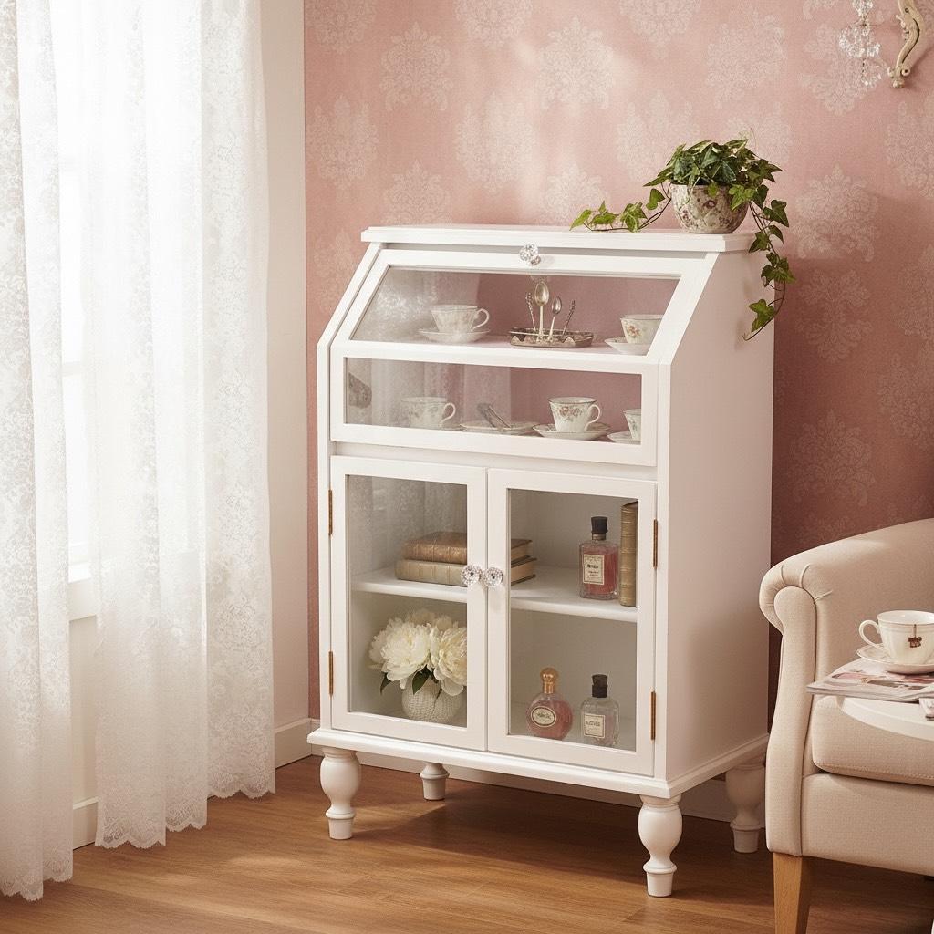 【新品】クラシカル　ガラスキャビネット　アンティークホワイト　収納 チェスト